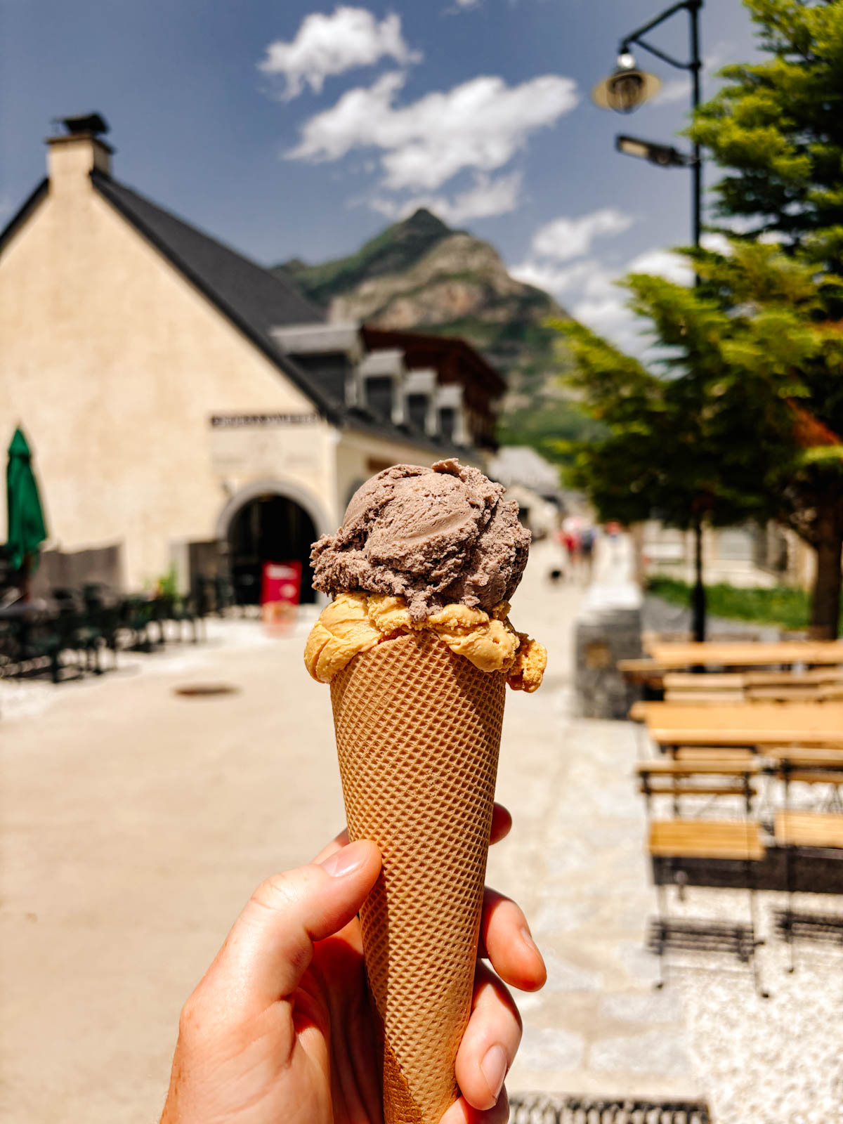 chocolate and caramel ice cream cone from praline et marguerite in gavarnie