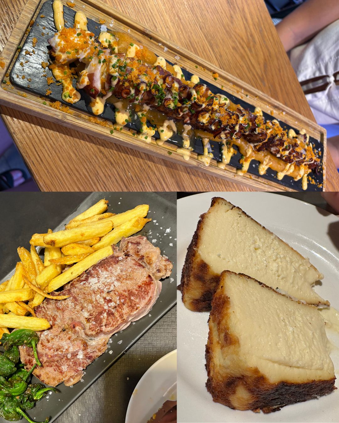 a collage of three food photos, octopus, a steak frites and basque cheesecake